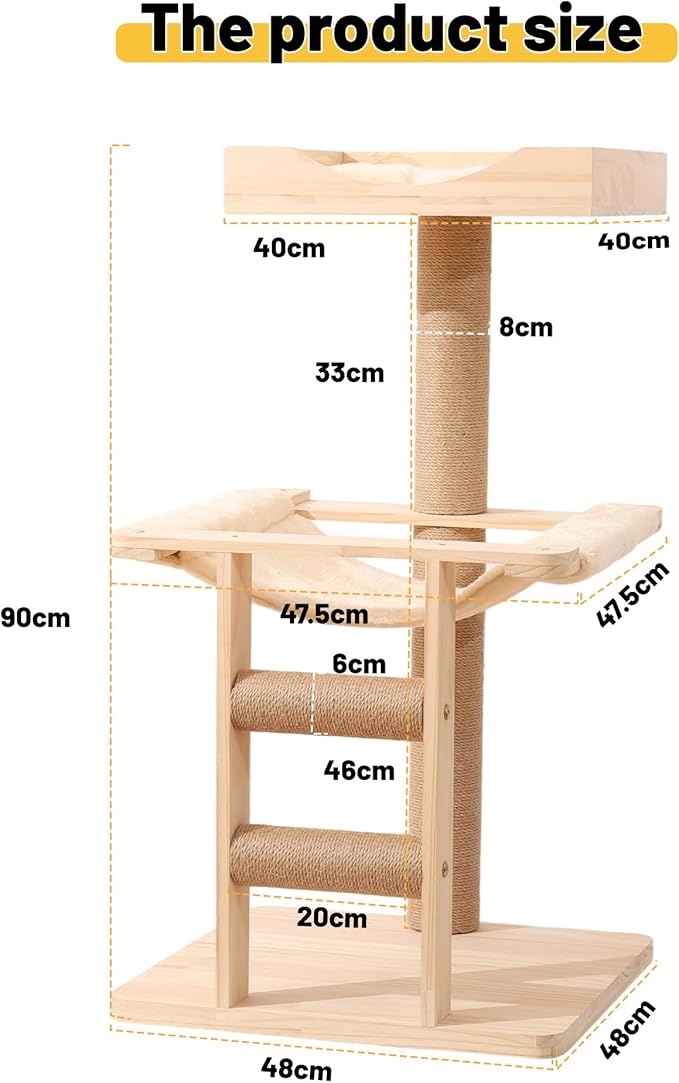 KVIDA Wooden Cat Tree for Large Cats – 35" Extra-Stable 3-Level Tower with Hammock, Oversized Perch & Thick Sisal Posts, Modern Solid Wood Cat Furniture for Indoor Multi-Cat Homes