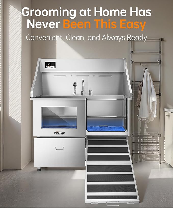 POLIMO Dog Wash Station with Pet Dryer & LED, Professional Dog Bathing Station for Large, Medium & Small Dogs – with Window, Ramp, Drawer, Floor Grate, LED Display & Faucet (Right RAMP & Dryer, 50")