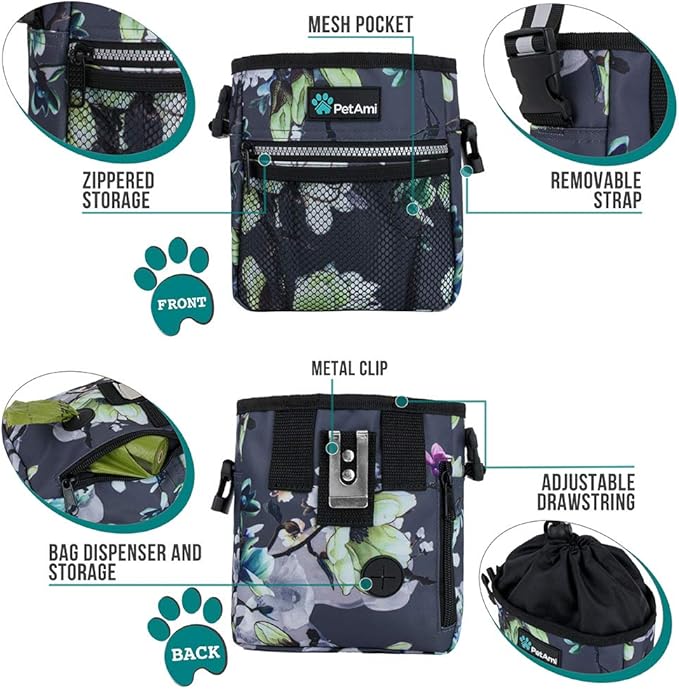 PetAmi Dog Treat Pouch, Pet Treat Pouch for Training, Dog Walking Bag Holder for Kibbles, Pet Food Toy, Dog Trainer Essentials Supplies, Poop Bag Dispenser, 3 Ways to Wear (Floral Grey)