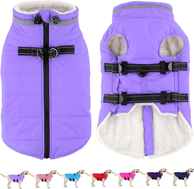 Dogcheer Dog Coat with Harness, Waterproof Dog Jacket Adjustable Winter Coat with Zipper, Christmas Puppy Snow Jacket Fleece Sweater for Small Medium Large Dogs - Taro Purple L
