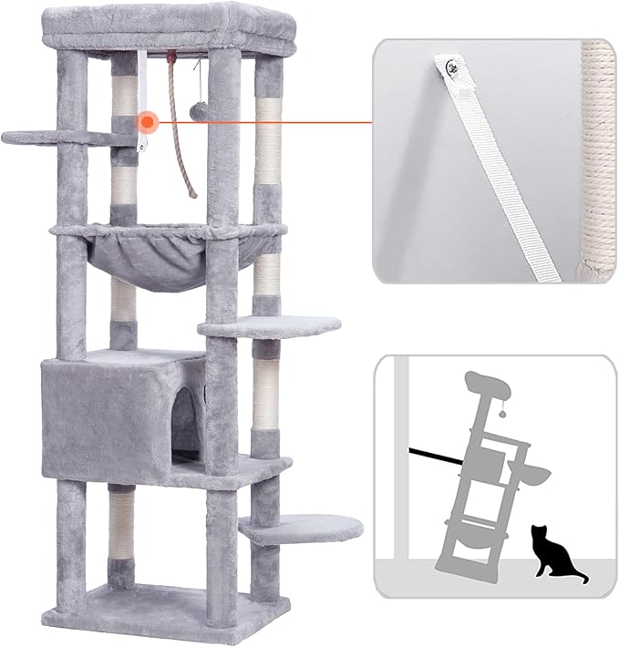 Heybly Cat Tree for Large Cats 20lbs Heavy Duty,60 inches XXL Cat Tower for Indoor Cats, Multi-Level Furniture Condo with Big Padded Plush Perch, Cozy Basket, Light Gray HCT050W