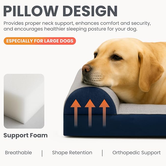 Laifug Orthopedic Memory Foam Extra Large Dog Bed with Pillow and Durable Water Proof Liner & Removable Washable Cover & Smart Design (Large (46"x28"x8"), Grey Blue)