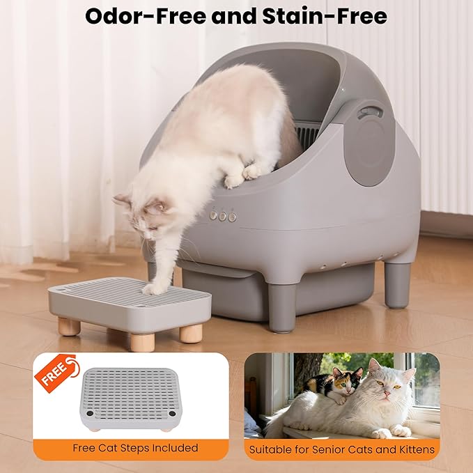 Upgraded Automatic Litter Box Self Cleaning, with Raised Step, Open Top Large Capacity for Multiple Cats, Odor Control & Safety Protection & Smart App Control Health Monitoring & Quiet Operation