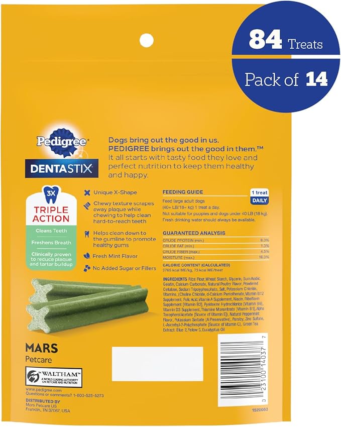 PEDIGREE DENTASTIX Dental Dog Treats for Large Dogs Fresh Flavor Dental Bones, 5.19 oz. 6 Treats (Pack of 7)