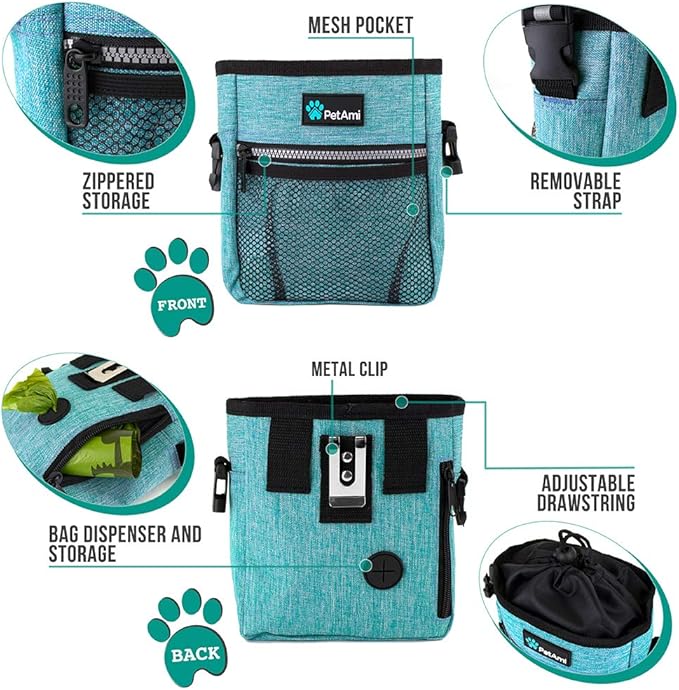 PetAmi Dog Treat Pouch | Dog Training Pouch Bag with Waist Shoulder Strap, Poop Bag Dispenser | Treat Training Bag for Treats, Kibbles, Pet Toys | 3 Ways to Wear (Turquoise) | No bowl included