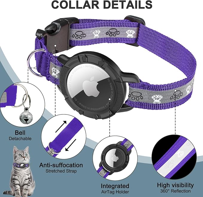 Reflective AirTag Cat Collar, Integrated Cat Tracker Collar with Air Tag Holder and Bell, Safety Elastic Band Cat GPS Collars for Girl Boy Cats, Kittens and Puppies (Purple, XS)