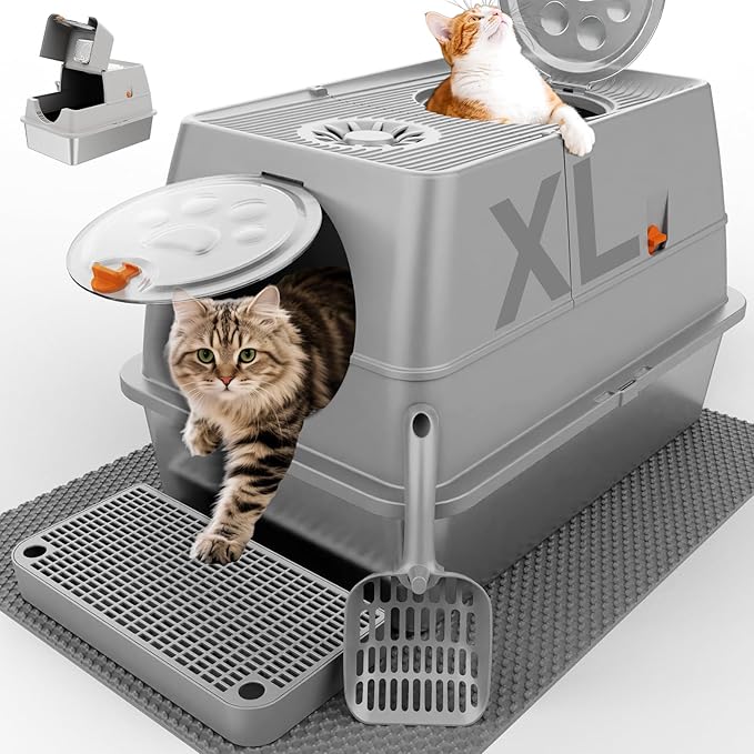 Stainless Steel Litter Box with Lid, XL Extra Large Litter Box, Enclosed Top Entry Metal Litterbox for Big Cats, Easy Cleaning, Anti-Leakage & High Sided with Mat, Aisle & Scoop, Light Grey