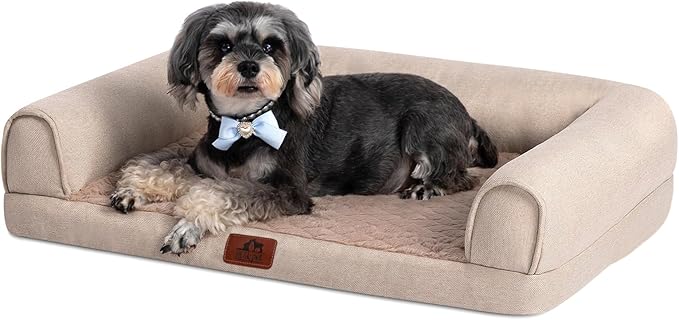 Hollypet Orthopedic Dog Bed for Medium Dogs, Supportive Foam Pet Couch with Removable Washable Cover and Non-Slip Bottom, Waterproof Lining Dog Sofa Bed, Khaki, M (28 * 22.5 * 7.5)