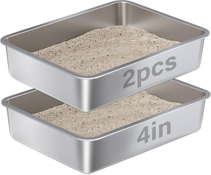 Stainless Steel Litter Box - Metal Cat Litter Box -4“ H Catlitter Boxes，Cat Litterbox Tray Pet Toilet Supplies for Indoor Kitty, Kitten, Rabbit, Puppy,No Stick Easy Clean-No Smell 2 Pack