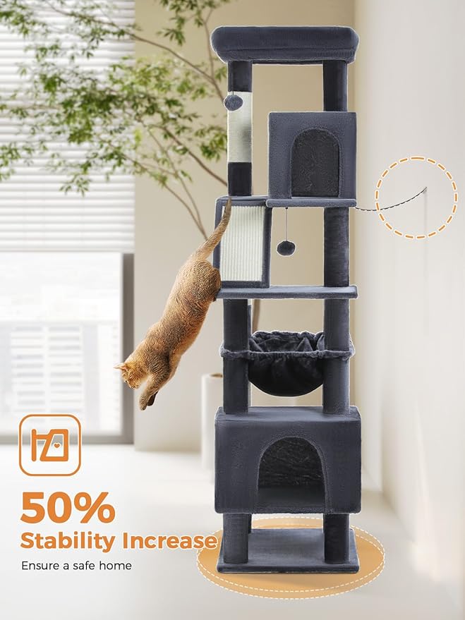 71 Inch Tall Cat Tree for Indoor Cats Large Adult, Multi-Level Cat Tower with Extra Large Hammock, 2 Cat Caves, Spacious Top Perch, Scratching Pad, Dark Grey