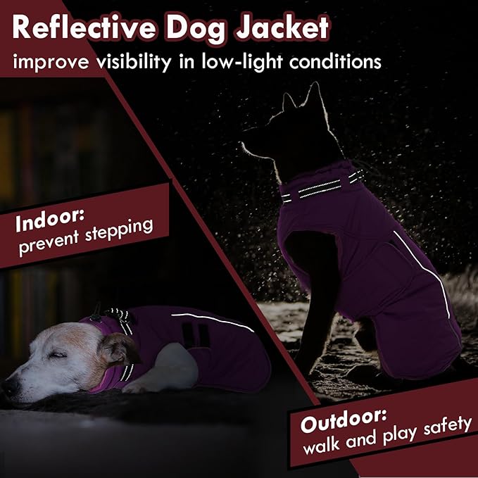 Dog Coats for Medium Dogs, Waterproof Winter Coat with Harness Bulit in, Reflective Reflective Adjustable Hook&Loop Dog Snowsuit for Cold Weather Warm Snow Jacket, M Purple