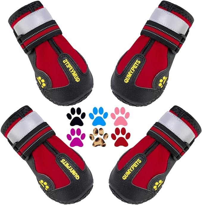 QUMY Dog Shoes for Large Dogs, Medium Dog Boots & Paw Protectors for Winter Snowy Day, Summer Hot Pavement, Waterproof in Rainy Weather, Outdoor Walking, Indoor Hardfloors Anti Slip Sole Red Size 4