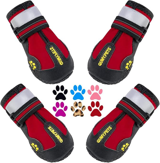 QUMY Dog Shoes for Large Dogs, Medium Dog Boots & Paw Protectors for Winter Snowy Day, Summer Hot Pavement, Waterproof in Rainy Weather, Outdoor Walking, Indoor Hardfloors Anti Slip Sole Red Size 1