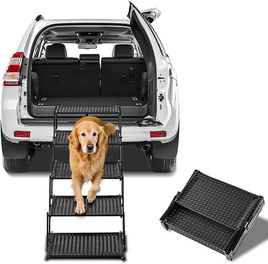 Dog Stairs for Car - Foldable Dog Ramps for Dogs with Non Slip Surface, Portable Pet Stairs for Cars and SUV, Truck, Sofas, Bed Support Up to 200 lbs (5 Steps)
