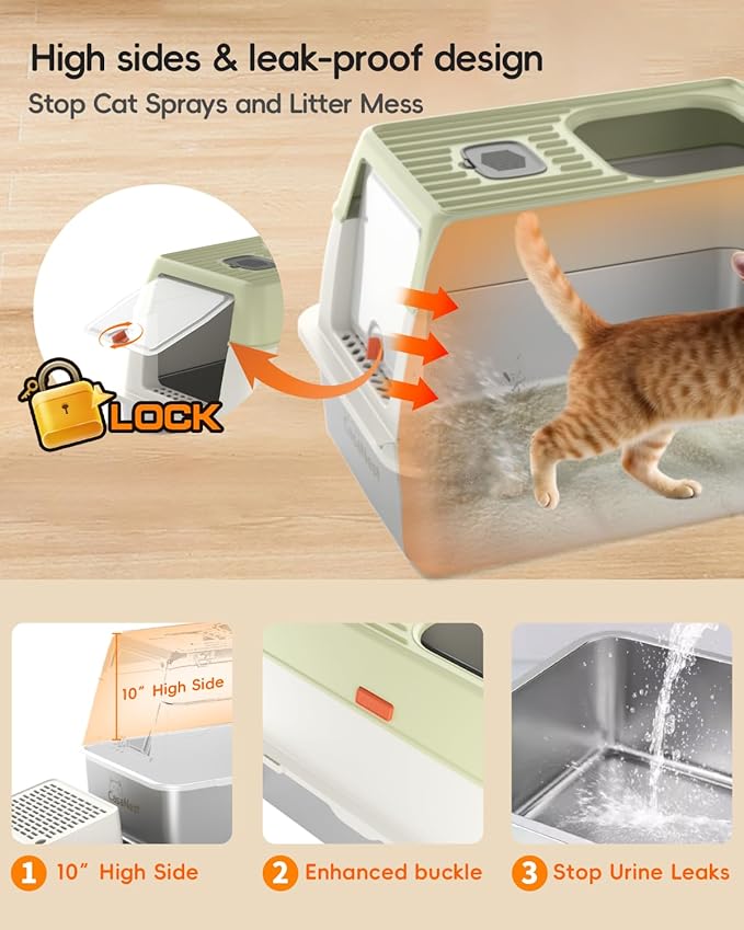 3-in-1 Extra Large Stainless Steel Cat Litter Box with Lid, XL Enclosed Top Entry Metal Litter Box for Large Cats, Non-Stick & Odor Control, Leak-Proof, Easy Cleaning for Multi-Cat Home, Green