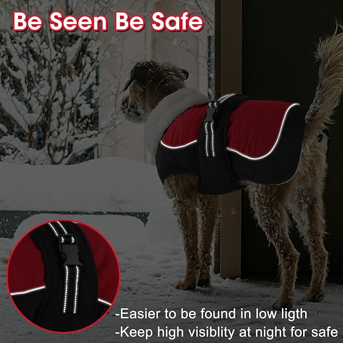Dogcheer Dog Coat, Christmas Dog Jacket, Waterproof Turtleneck Puppy Winter Coat, Adjustable Pet Puffer Jacket, Reflective Warm Fleece Coats for Small Medium Large Dogs - Red, L