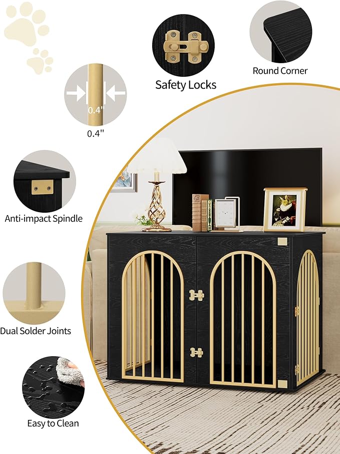 44.1" Wooden Dog Crate Furniture, Indoor Dog Kennel Dogs Cage for Small/Medium/Large Dogs, Heavy Duty Dog Crates Decorative Pet House End Side Table TV Stand, Black Gold DFC83904A