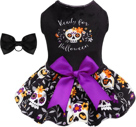 CuteBone Halloween Dog Dresses Velvet Holiday Small Dogs Clothes Onesie Pet Apparel Girl Puppy Skirt with Bow Hair Rope CVA58XXS-D