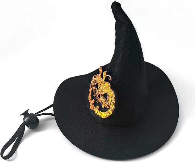 Halloween Pet Costume, Witch Hat for Cats Dogs, Black Adjustable Wizard Hat with Pumpkin Design, Witch Accessories for Small Medium Pets