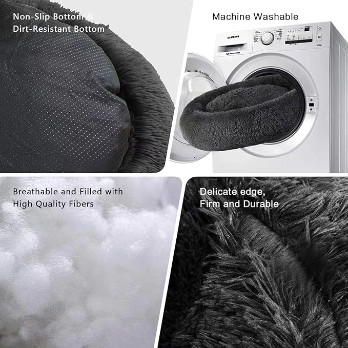 Cat Beds for Indoor Cats - Cat Bed Washable 24 inches, Dog Beds for Small Medium Dogs, Anti Anxiety Round Fluffy Plush Faux Fur Cat Bed, Thick Bottom (Dark, Large 24" L x 24" W)