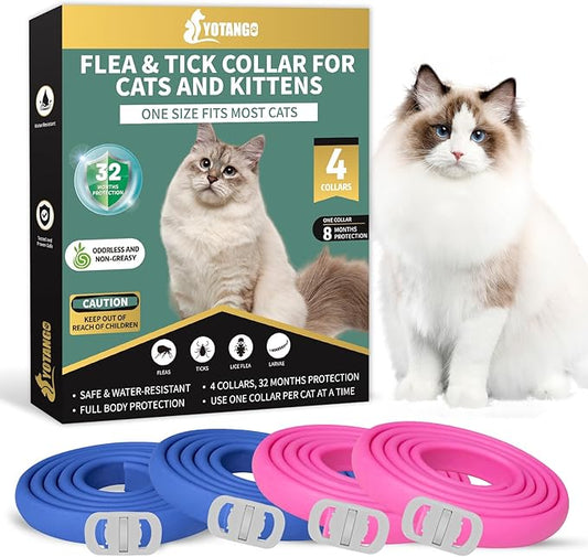 4 Pack Flea Collar for Cats, 32 Months Flea and Tick Prevention for Cats, Waterproof Cat Flea Collar, Natural Cat Flea and Tick Treatment, Adjustable Flea and Tick Collar for Cats Kittens(Blue&Pink)