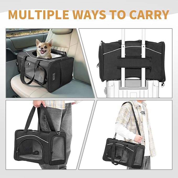 ‌Petsfit Airline Approved Pet Carrier for Small Dogs & Cats, 18x8x11 TSA Approved Carrier, with Removable Dual-Sided Padding (2-Way Placement) - Fits Under Most Airplane Seats, Escape Proof (Black)