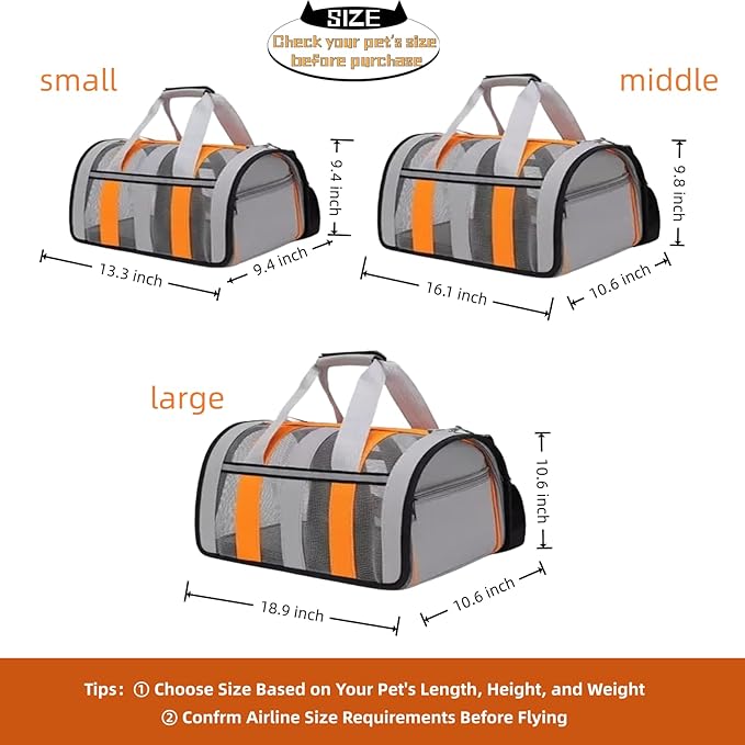 Airline Approved Soft Sided Cat Carrier and Small Dog Crate up to 10lbs - Lightweight Cats Bag Carrier for Pets with Litter Pocket for Kittens and Puppies (Gray and Orange, Small)