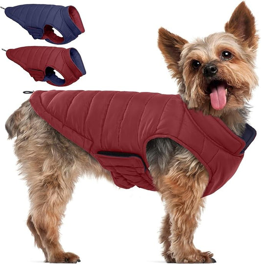 QBLEEV Reversible Dog Puffer Coat, Waterproof Warm Vest for Dogs, Windproof Padded Jacket for Small Dogs, Adjustable Puppy Winter Coats, Snow Cold Weather Coats for Chihuahua Yorkie, Wine Red, XS