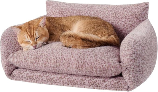 Hollypet Cat Bed Fluffy Plush Mutifuctional Double-Layer Soft Pet Couch Orthopedic Sofa Nest Beds for Small Cats and Dogs, Pink Leopard (21x15x8 inch)