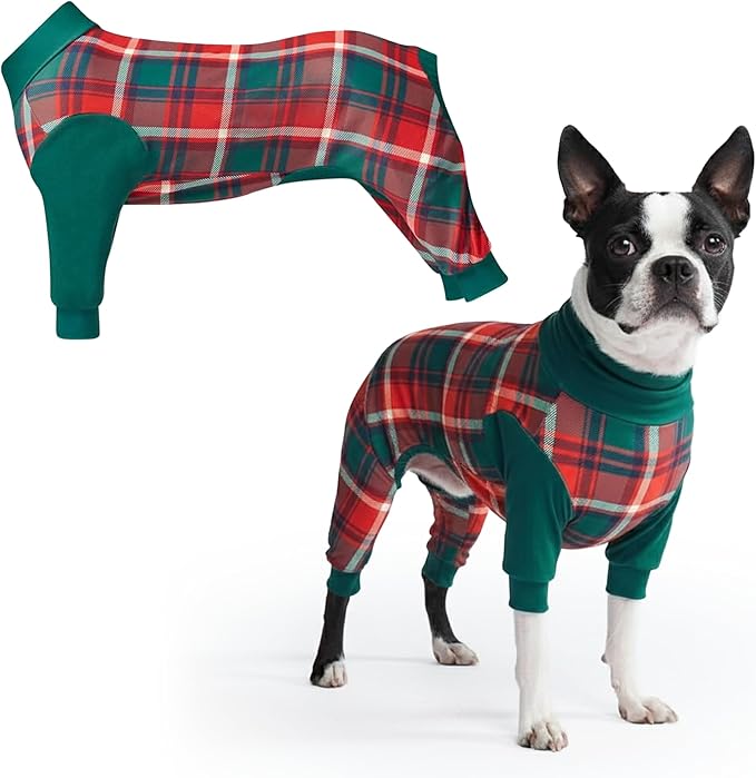Spark Paws Dog Christmas Pajama, Dog Recovery Suit Male, Onesie, Ultra-Soft and 4-Way Stretch, for Small Medium and Large Breeds - Green and Red Plaid - M