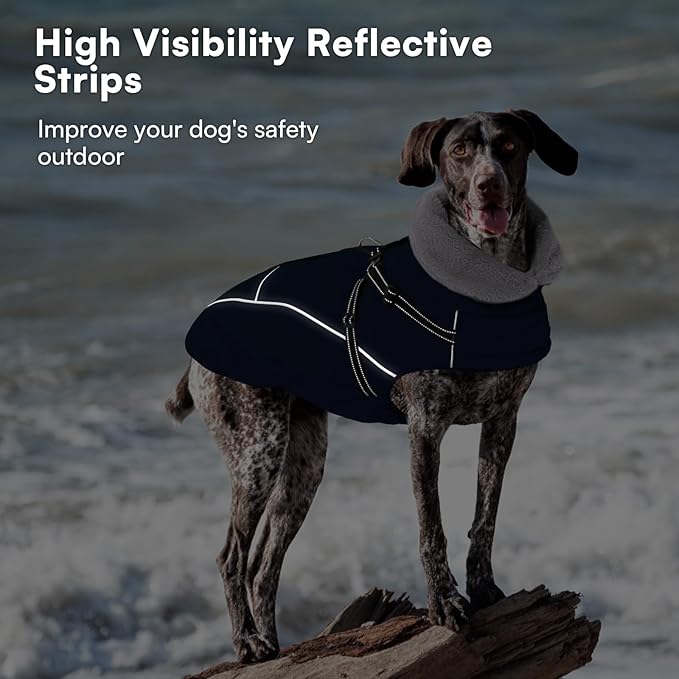 Queenmore Large Dog Coat,Dog Jacket for Extra Large Dogs with Harness Built in,Reflective Waterproof Dogs Jackets with Fleece Lining,Warm Snowsuit Pet Coats for Doberman,Labrador,NavyBlue,XXL