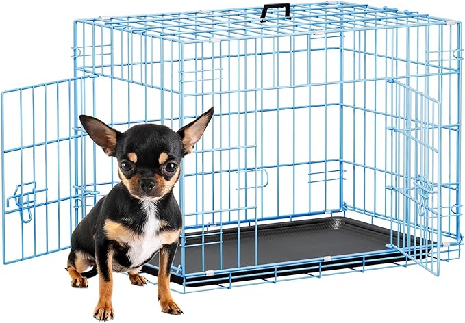 FDW 24inch Dog Crate Pet Cage with Metal Folding Design Plastic Tray Indoor Outdoor Dog Kennel Cage for Small Dogs,Blue