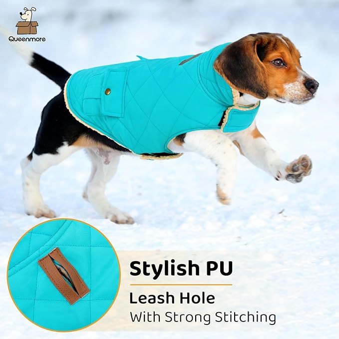 Queenmore Warm Dog Coat, Cold Weather Puffer Dog Coat Vest, Quilting Winter Pet Jacket Ultra Thick Plush Fleece Lining Pet Clothes for Dogs with Storage Pockets (Light Blue,X-Large)