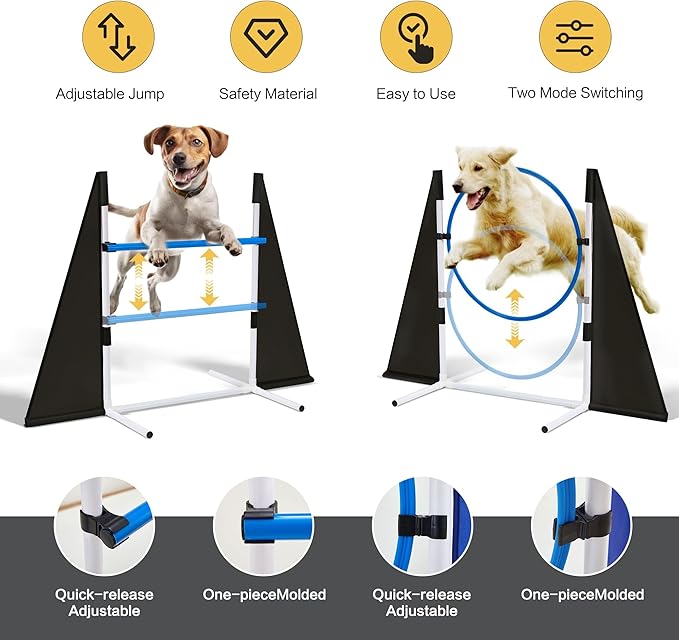 Dog Agility Training Equipment,Course Backyard Set Training Equipment for Dogs Pet Outdoor Game with Grey and Black Tunnel, Agility Hurdle, Poles, Jump Ring, Pause Box, Toy Balls and Storage Bag