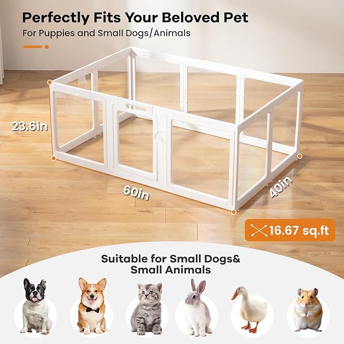 Clear Acrylic Dog Playpen Indoor, Puppy Cat Small Pet Play Pen, Pet Cat Foldable Playpen for Rabbits, Dog Fence Crate Kennel Whelping Cage (White, 10 Panel)