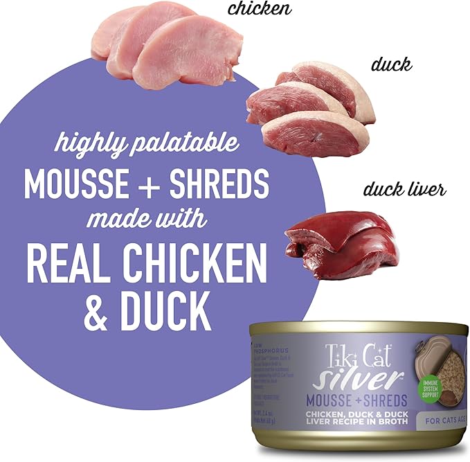 Tiki Cat Silver Comfort Mousse + Shreds, Chicken & Duck and Duck Liver, Immune System Support Formulated for Older Cats Aged 11+, Senior Wet Cat Food, 2.4 oz Cans (Pack of 12)