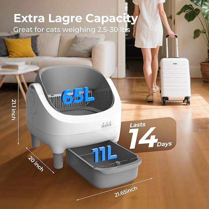 Automatic Litter Box, Open-Top Self Cleaning Litter Box for Kitten Cats, Electric Cat Box Self Cleaning with App Control, Smart Health Weight Monitor, Triple Safe Anti-Pinch