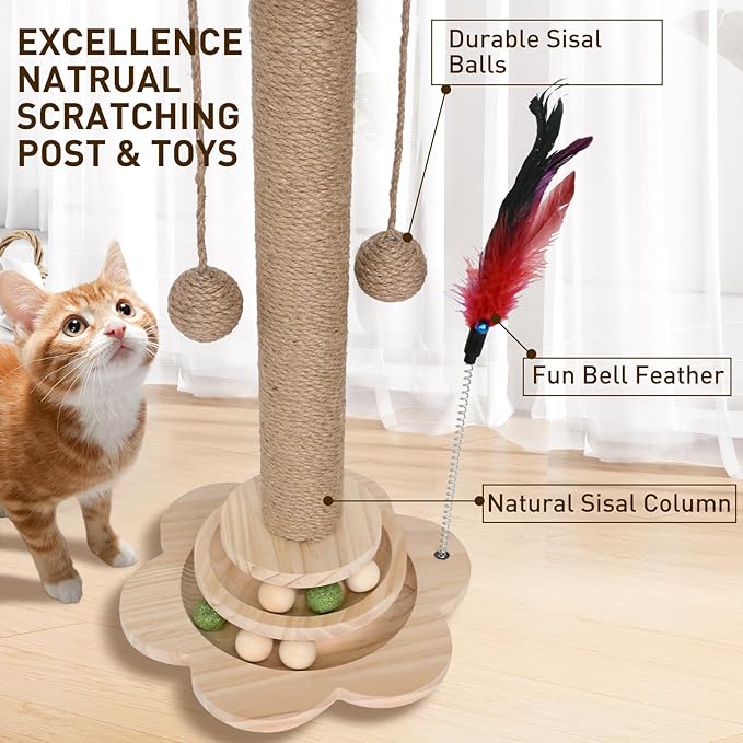 Cat Scratching Post - 4 in 1 Scratching Post, Wooden Cat Scratch Post with 2 Level Sisal Balls & 2 Sisal Hanging Balls for Indoor Kittens, Gifts