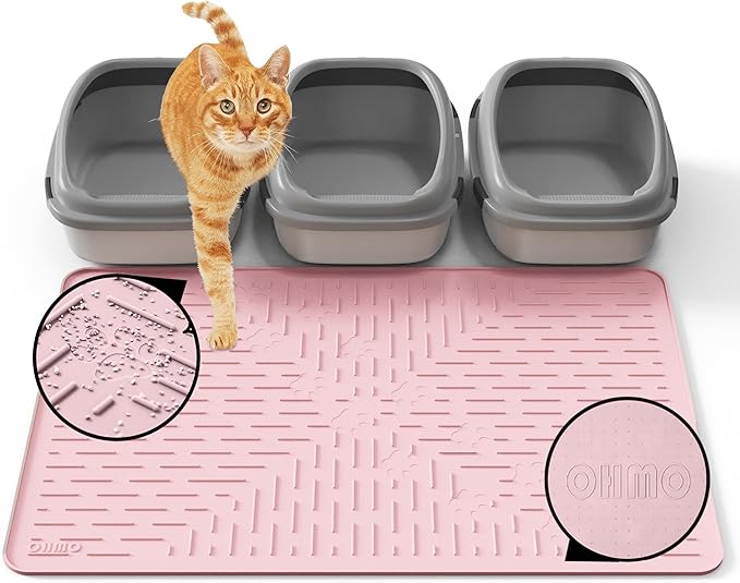 OHMO Cat Litter Mat Trapping Mat Premium Silicone 37.5x25.2，Pink, Waterproof and BPA Free Kitty Litter Box Mat, Easy to Clean and Keeps The Floor Tidy