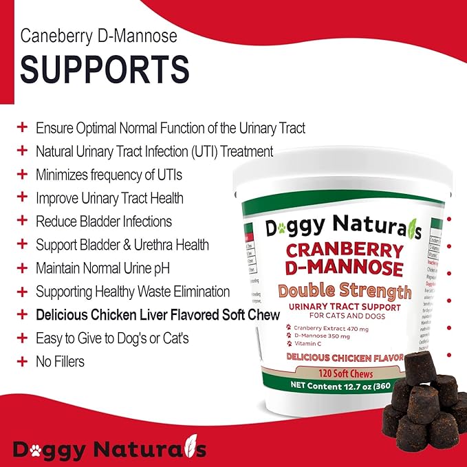 Cranberry D-Mannose for Dogs and Cats Urinary Tract Infection Support Prevents and Eliminates UTI, Bladder Infection Kidney Support 11.4 oz (Double Strength Soft Chew, 120 Soft Chew)