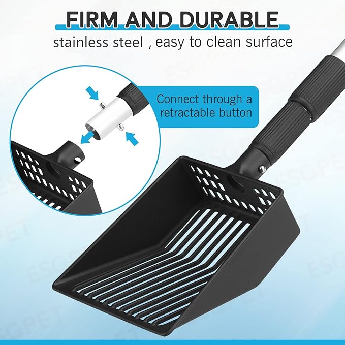 Cat Litter Scoop, Deep Shovel with Metal Long Handle, 21"-39.5" Telescopic & Adjustable Heavy Duty Fast Sifting Shovel Kitty Litter Scooper for Sifting Cats Litter