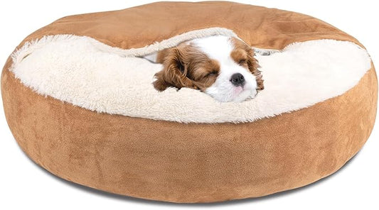 Pet Soft Small Dog Bed Cat Bed with Cover Cave - Round Calming Dog Beds Washable Cuddler Puppy Beds for Small, Medium Dogs and Cats (Khaki, 24")