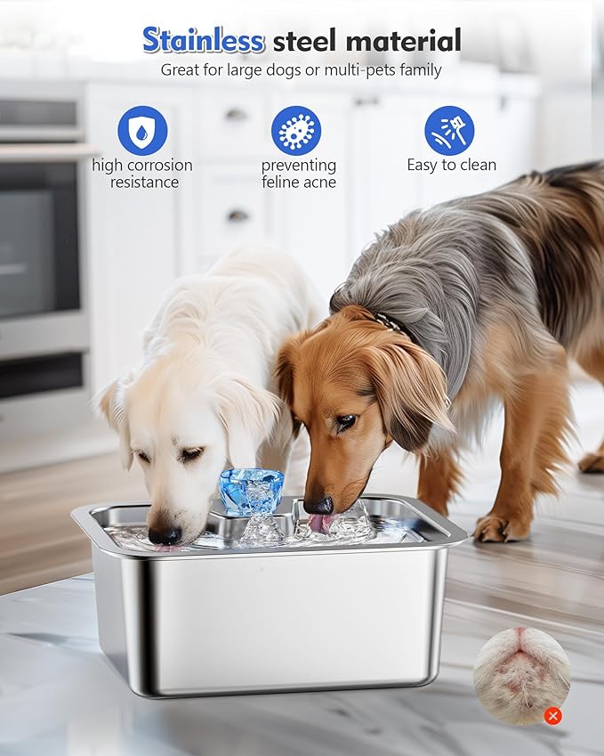 Dog Water Fountain for Large Dogs, tainless Steel 3Gallon Extra Big Pet Fountains, Drinking Bowls for Multi Pets,Dog Water Bowl Filter Automatic Dog Bowl Dispenser, Easy to Clean, Quiet Pump