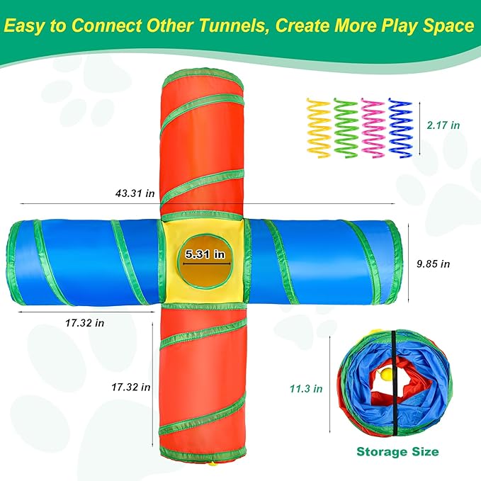 Cat Tunnel 4 Way Collapsible, Cat Toys Interactive Tunnels for Indoor Cats, 12 PCS Cats Springs Toy Kitty Kitten Toys Pack, Rabbit Tunnel Tube with Peephole, Large Rainbow Tunnels