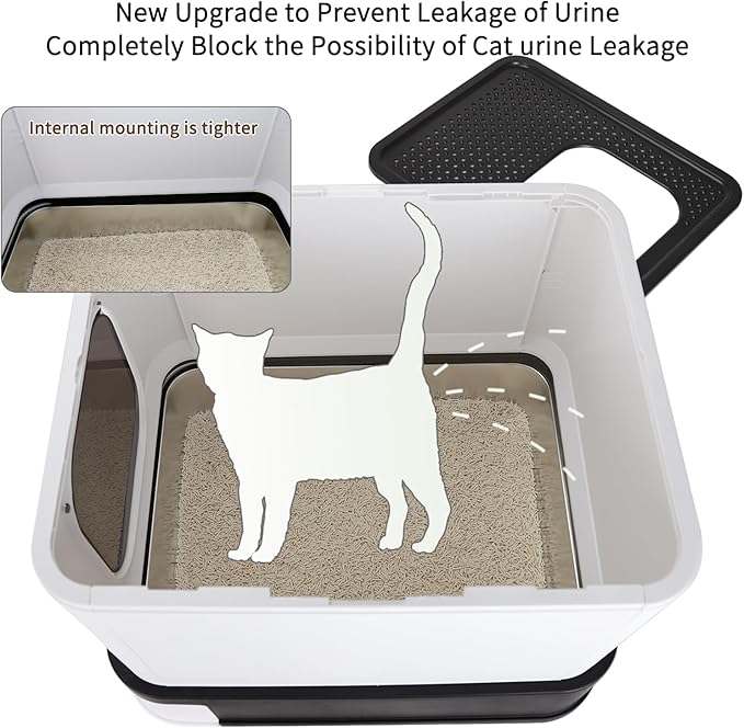 RIZZARI Stainless Steel Cat Box: Enclosed Design with High Walls - Black - Large Litter Pan for Odor Control - Anti Leakage for Bedroom Living Room