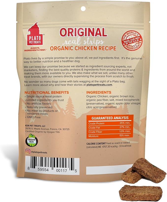 PLATO Original Real Strips Organic Chicken 6oz, brown