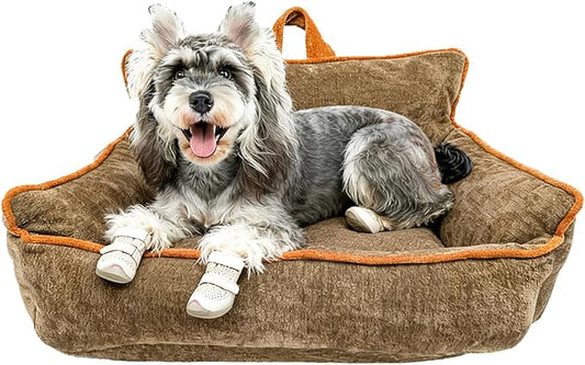 Small Orthopedic Dog Sofa Bed with Sides, Carry Handle & Side Pockets .Plush Chenille Orthopedic Pet Bed Couch for Small Breed Dogs & Cats .Portable Snuggler for Indoor Use, Travel & Recovery