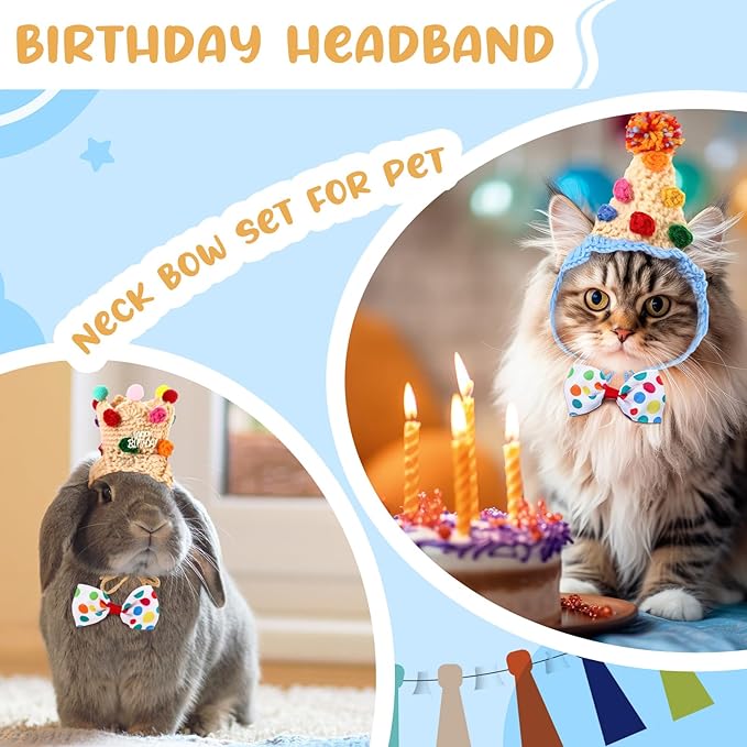 Ganeen 4 Pack Cat Birthday Hat Crochet Happy Birthday Cat Party Outfit Small Animal Top Hats Headband Rabbit Bow Tie Pet Hat Headband Bowtie Collar Costume for Rabbits Kittens Pet Party