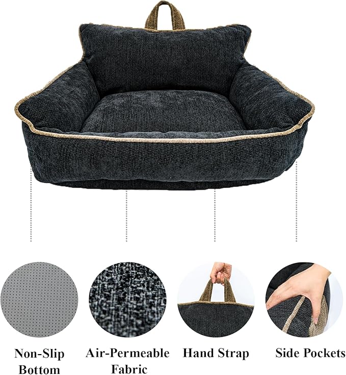 Large Orthopedic Dog Sofa Bed with Sides, Carry Handle & Side Pockets .Plush Chenille Orthopedic Pet Bed Couch for Large Dogs.Portable Snuggler for Indoor Use, Travel & Recovery (Black)