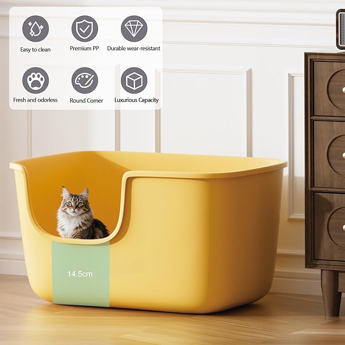 Vealind Large High Sided Cat Litter Box for Indoor Cats 22.2"×14.9"×12" Tall Litter Boxes with High Back Deep Wall XL Kitty Litter Boxes (Yellow)